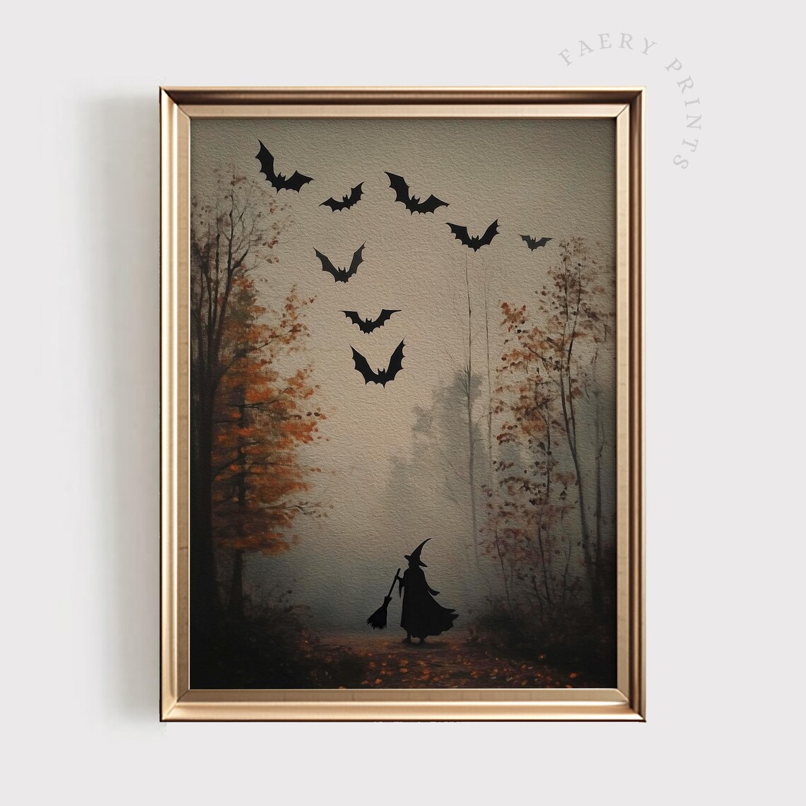 Witchy Halloween Art Print, Dark Rustic Forest Bats