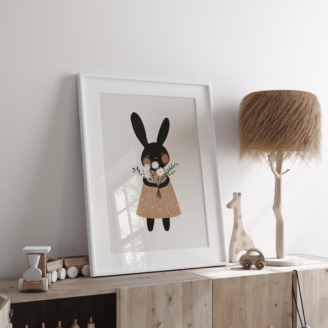 Black Bunny in Brown Dress Holding Daisy Bouquet Nursery Art Poster - Image 3