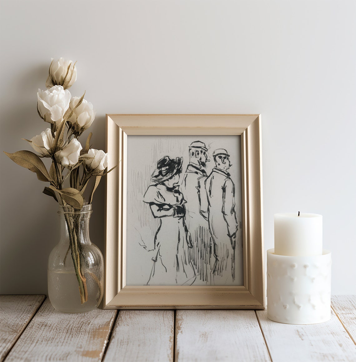 Three People Seen From Behind Expressive Ink Sketch Vintage Art Poster - Image 4