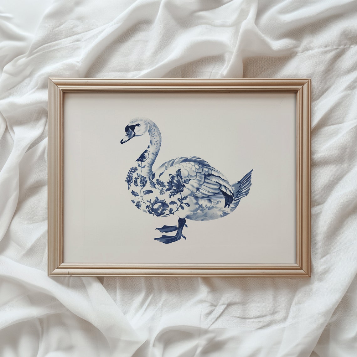 Blue White Chinoiserie Swan Delft Style Floral Garden Bird Poster