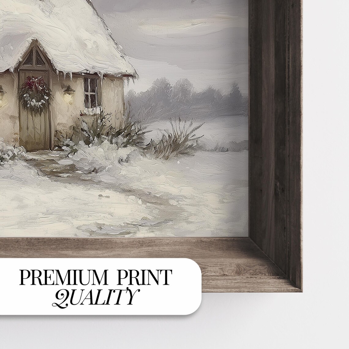 Snowy Cottage Winter Landscape Art Print, Farmhouse Decor