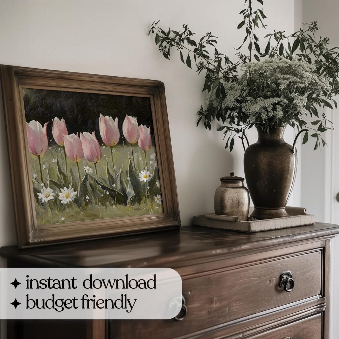 Row of Pink Tulips With White Daisies in Sunny Meadow Art Poster - Image 5
