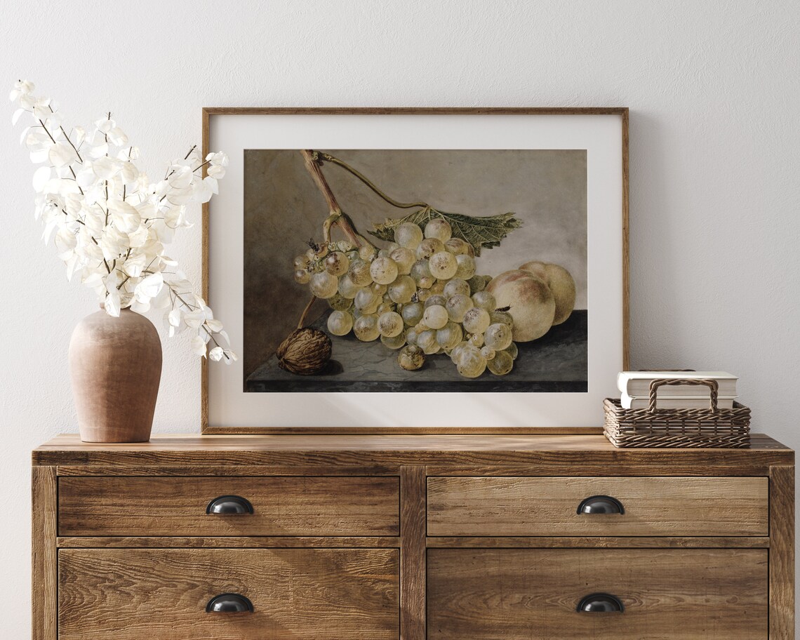 White Grapes Peaches Dutch Style Still Life Oil Painting Poster - Image 5