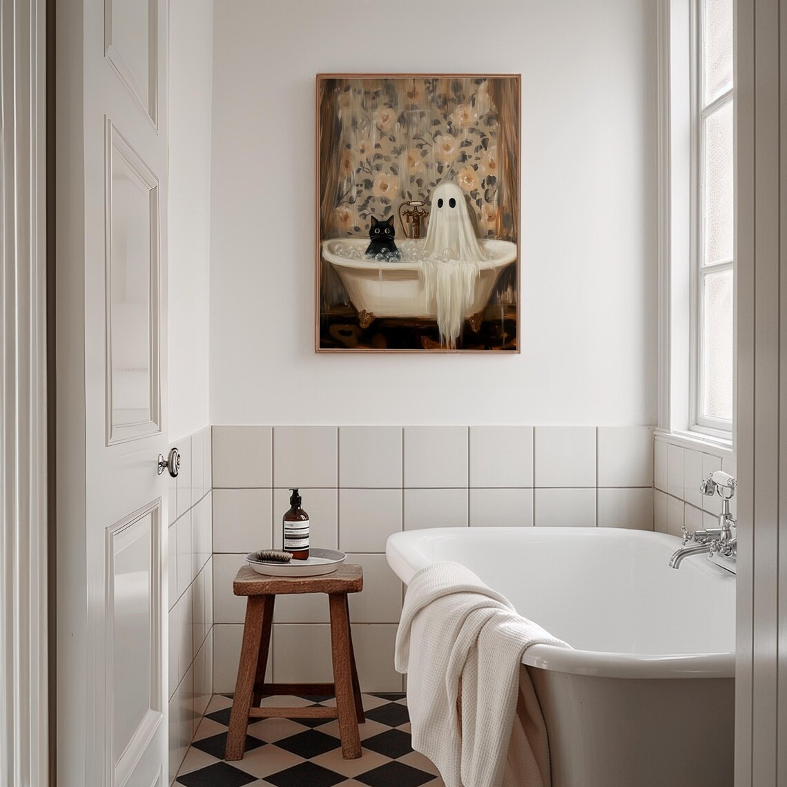 Ghost Cat In Bathtub Halloween Bathroom Art Print - Image 4