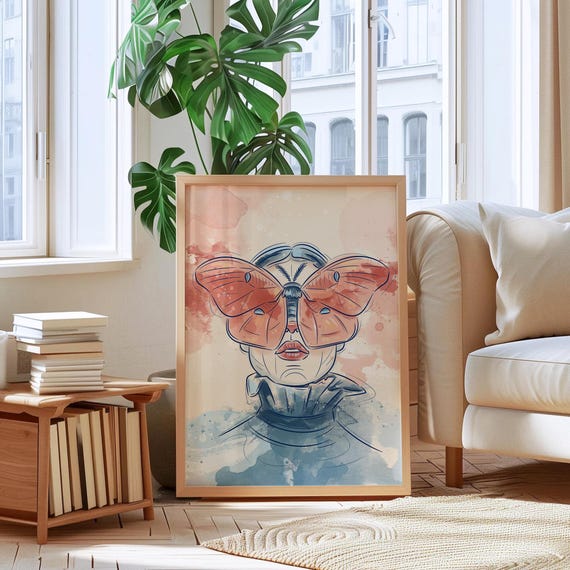 Surreal Butterfly Portrait Abstract Boho Decor Line Art Minimalist Wall Print Modern Unique Spiritual Decor Watercolor Woman Face