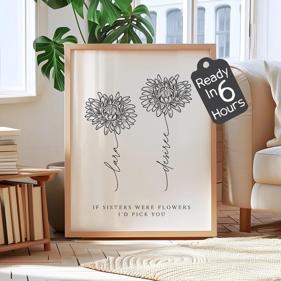 Custom Sisters Birth Flower Line Art Poster With Quote Design