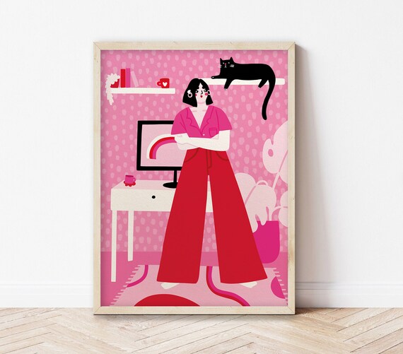 Pink Office Woman with Black Cat Modern Workspace Illustration Art Print