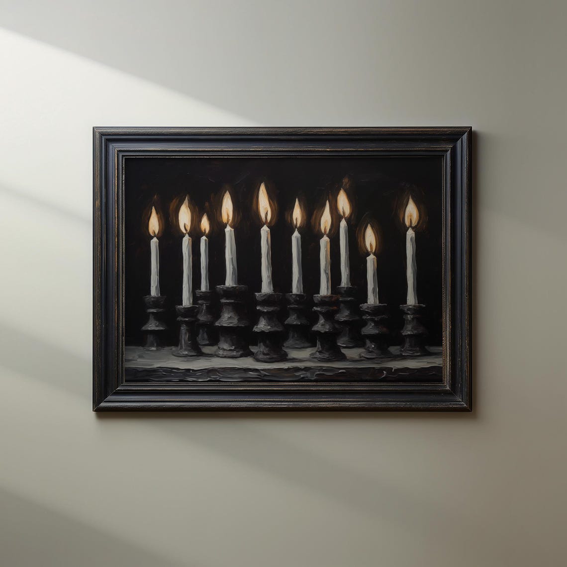 Row of Lit Candles in Dark Holders Moody Halloween Gothic Wall Print