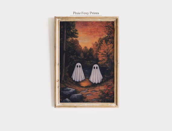 Halloween Wall Art Two Cute Ghosts By Autumn Lake Whimsical Spooky Forest Rustic Fall Vintage