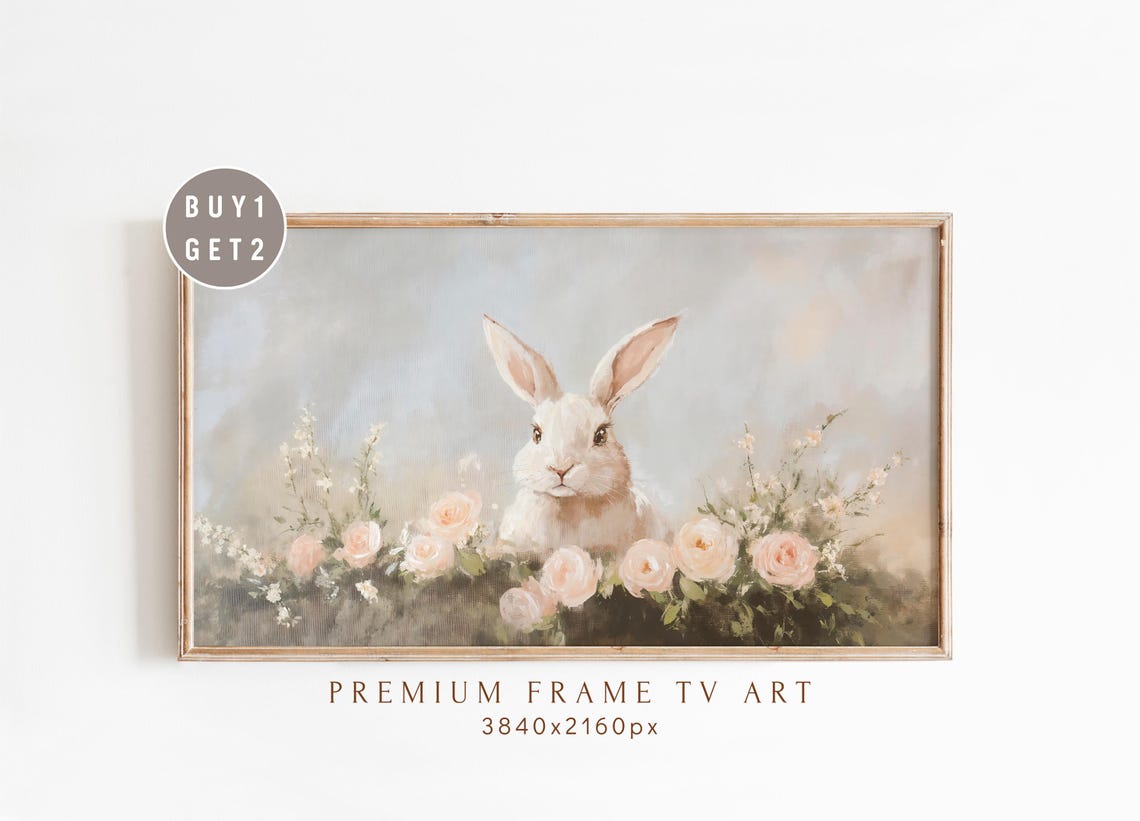 White Bunny with Blush Roses Vintage Spring Oil Painting Poster