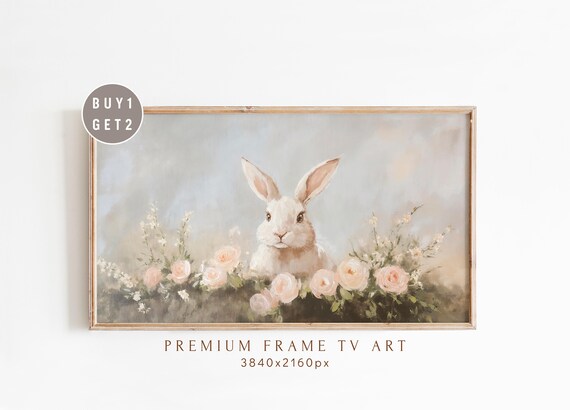 White Bunny with Blush Roses Vintage Spring Oil Painting Poster