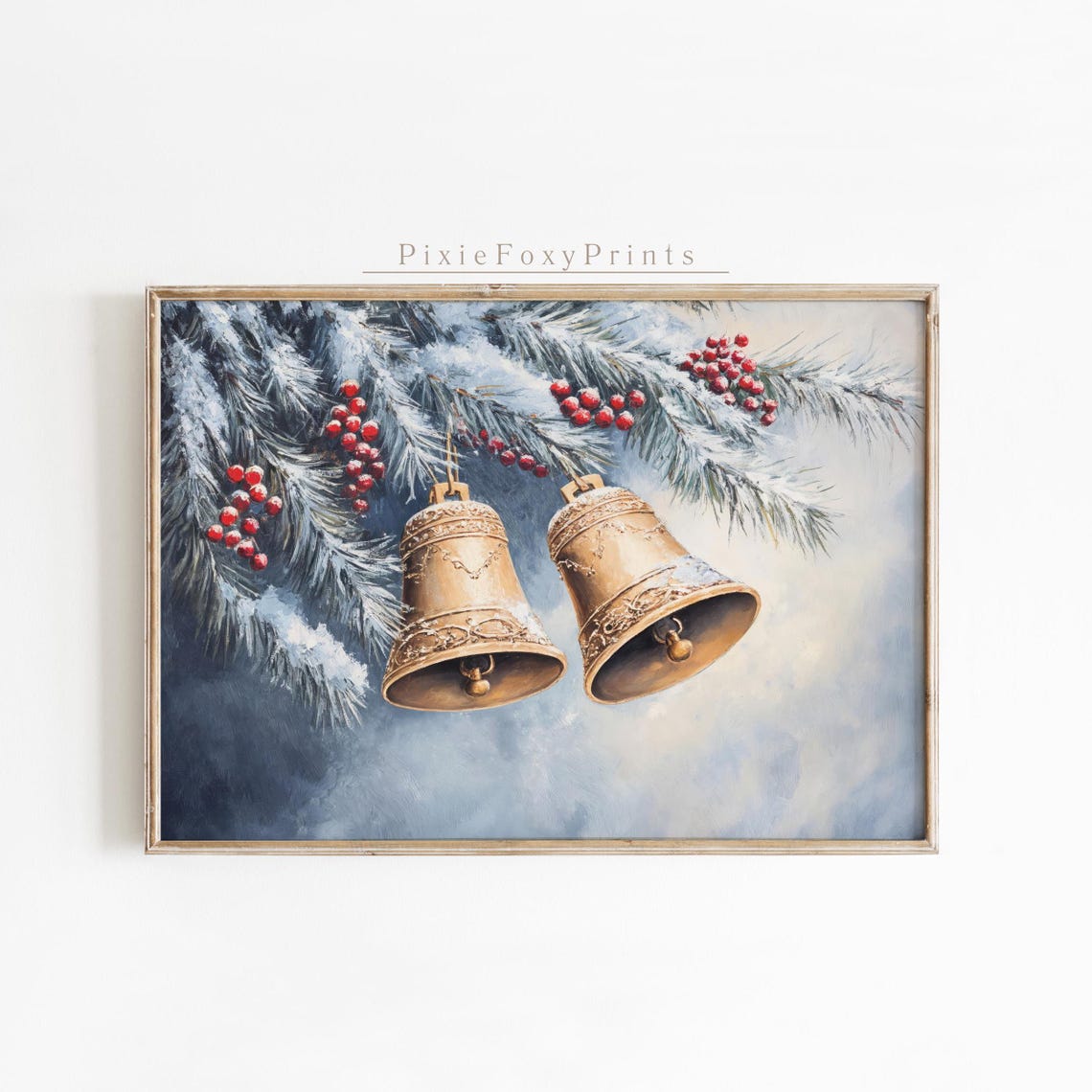Antique Brass Christmas Bells Snowy Pine Branch Holiday Poster