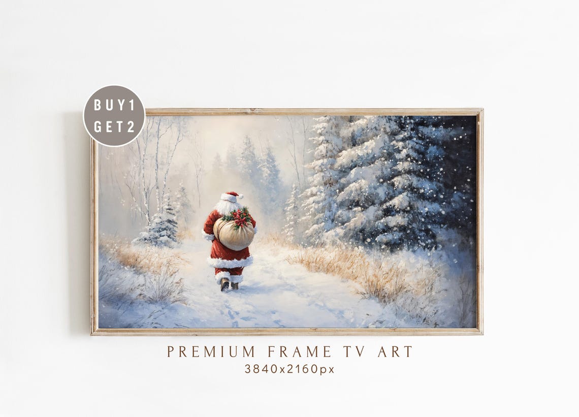 Santa Claus Walking Through Snowy Winter Forest Vintage TV Art Print
