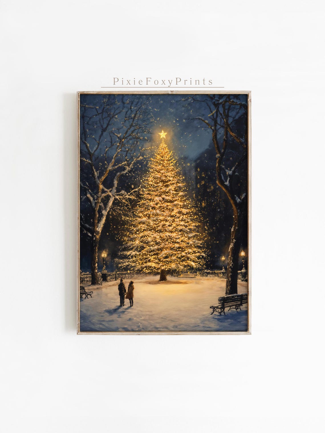 Illuminated Christmas Tree Snowy Park Night Holiday Wall Art