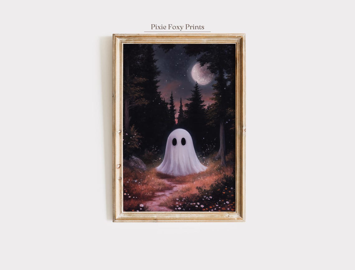 Halloween Wall Art In Moonlit Forest Spooky Autumn Night Landscape Painting Haunted Path Under Starry Sky Print
