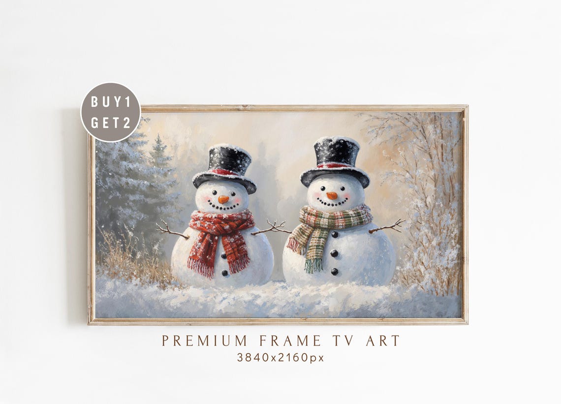 Two Cheerful Snowmen in Winter Snow Poster With Top Hats and Scarves