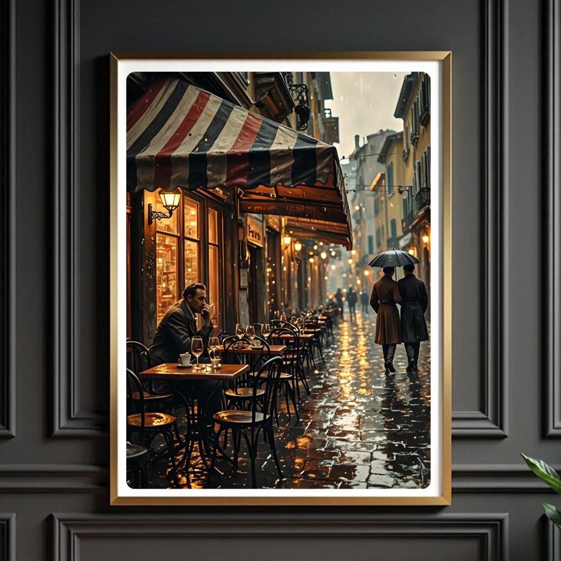 Rainy Paris Cafe Street Night Lamps Umbrella Oil Painting Poster
