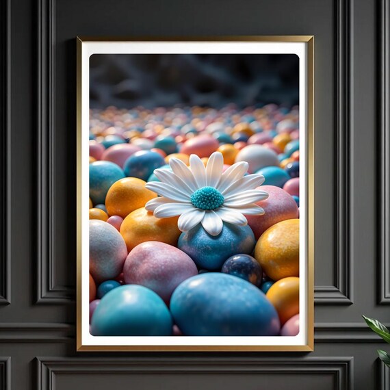 White Daisy Flower On Colorful Pebble Stones Close Up Poster