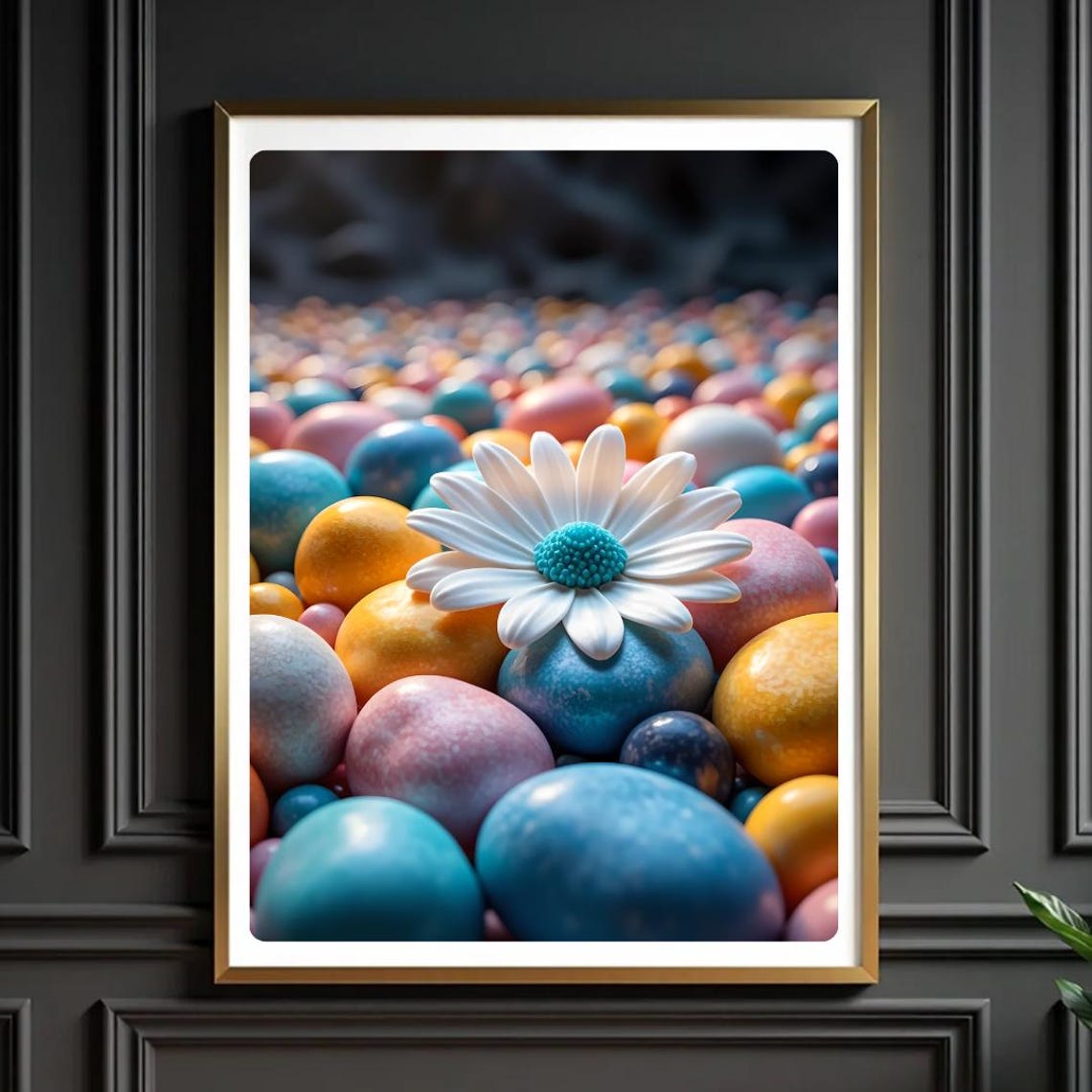 White Daisy Flower On Colorful Pebble Stones Close Up Poster