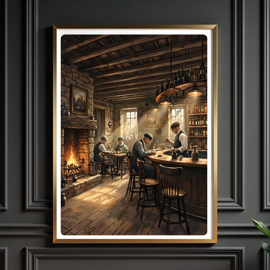 Cozy Rustic Tavern Interior Fireplace Patrons Vintage Pub Poster