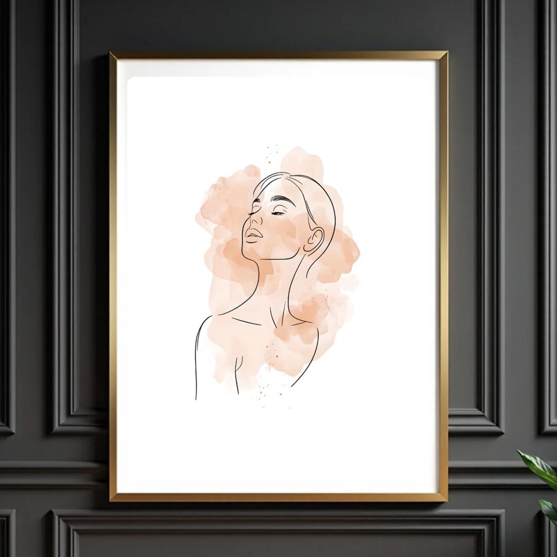 Minimalist Line Art Woman Portrait Soft Peach Watercolor Poster