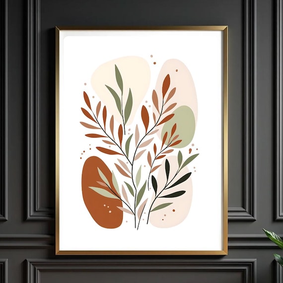 Boho Botanical Leaf Sprigs Abstract Earth Tone Plant Line Art Poster