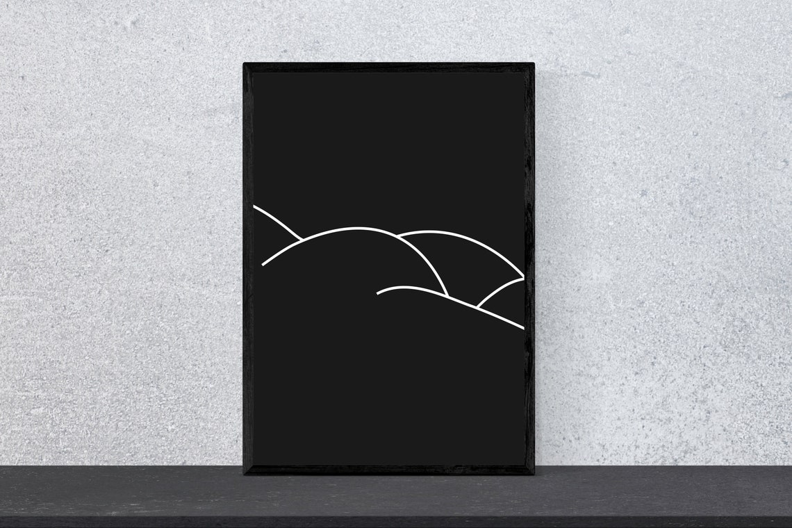 Abstract Rolling Hills White Line on Black Background Art Poster