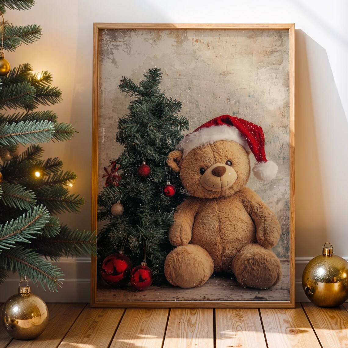 Cozy Vintage Christmas Teddy Bear in Santa Hat Festive Nursery Poster