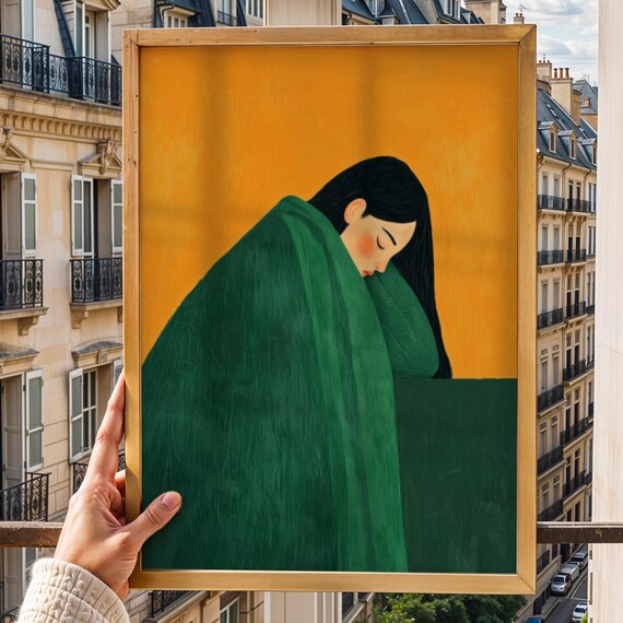 Emerald Green Abstract Figure Print Modern Eclectic Portrait