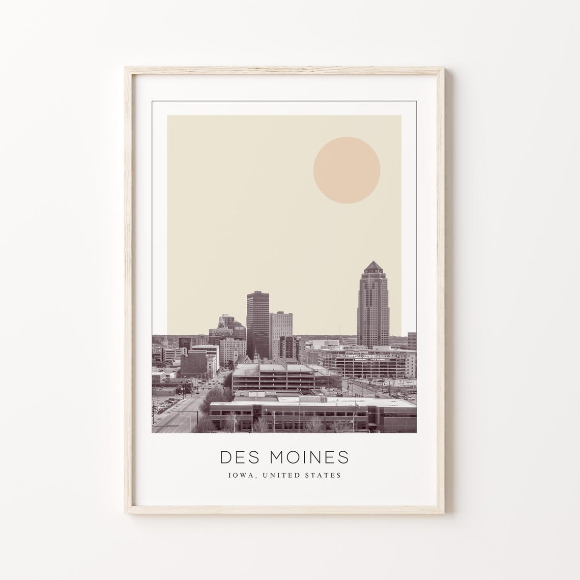Des Moines Iowa Downtown Skyline Minimalist Sun Travel Poster