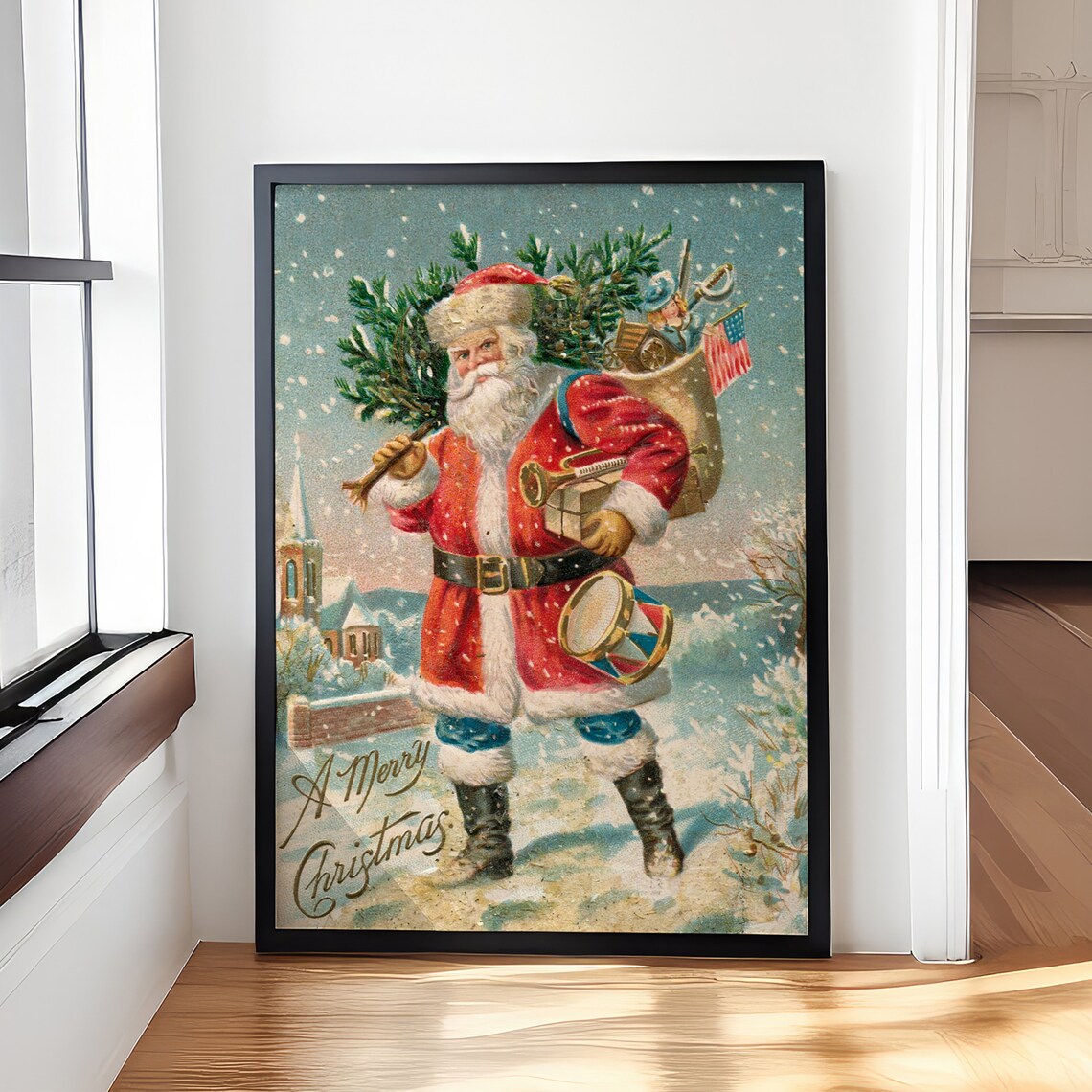Vintage Santa Claus A Merry Christmas Holiday Toy Sack Poster