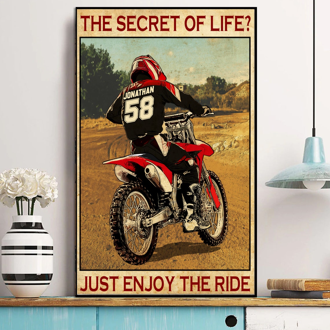 The Secret Of Life Just Enjoy The Ride Motocross Poster With Custom Name Number Appearance Landscape Vintage Style Dirt Bike Gifts - Image 3