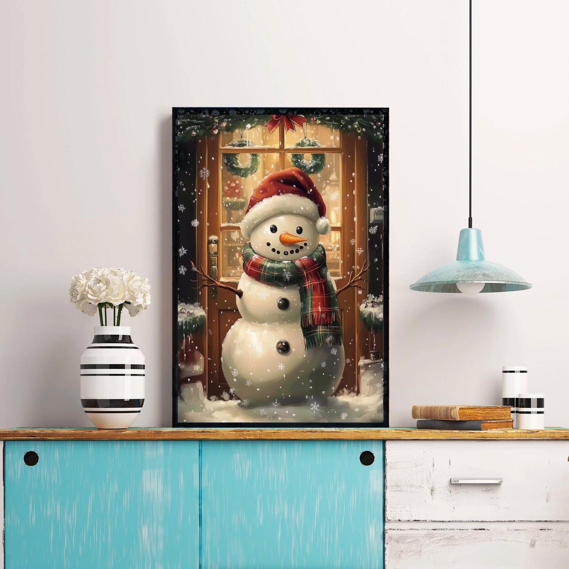 Cheerful Snowman in Red Hat Outside a Snowy Window Scene Poster - Image 4