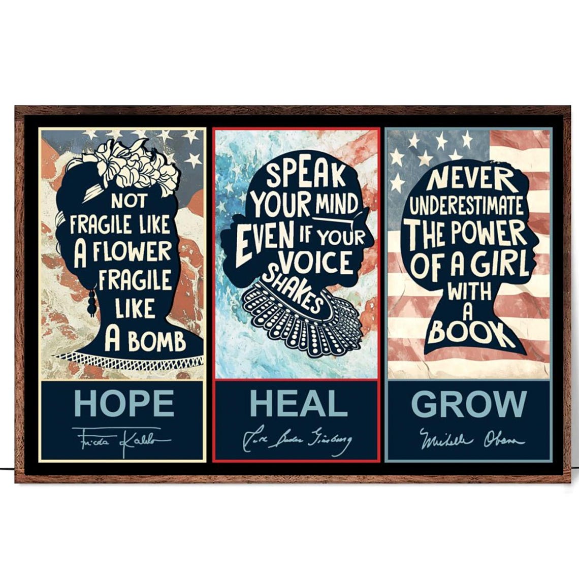 Hope Heal Grow Three Panel Frida Kahlo RBG Michelle Obama Poster