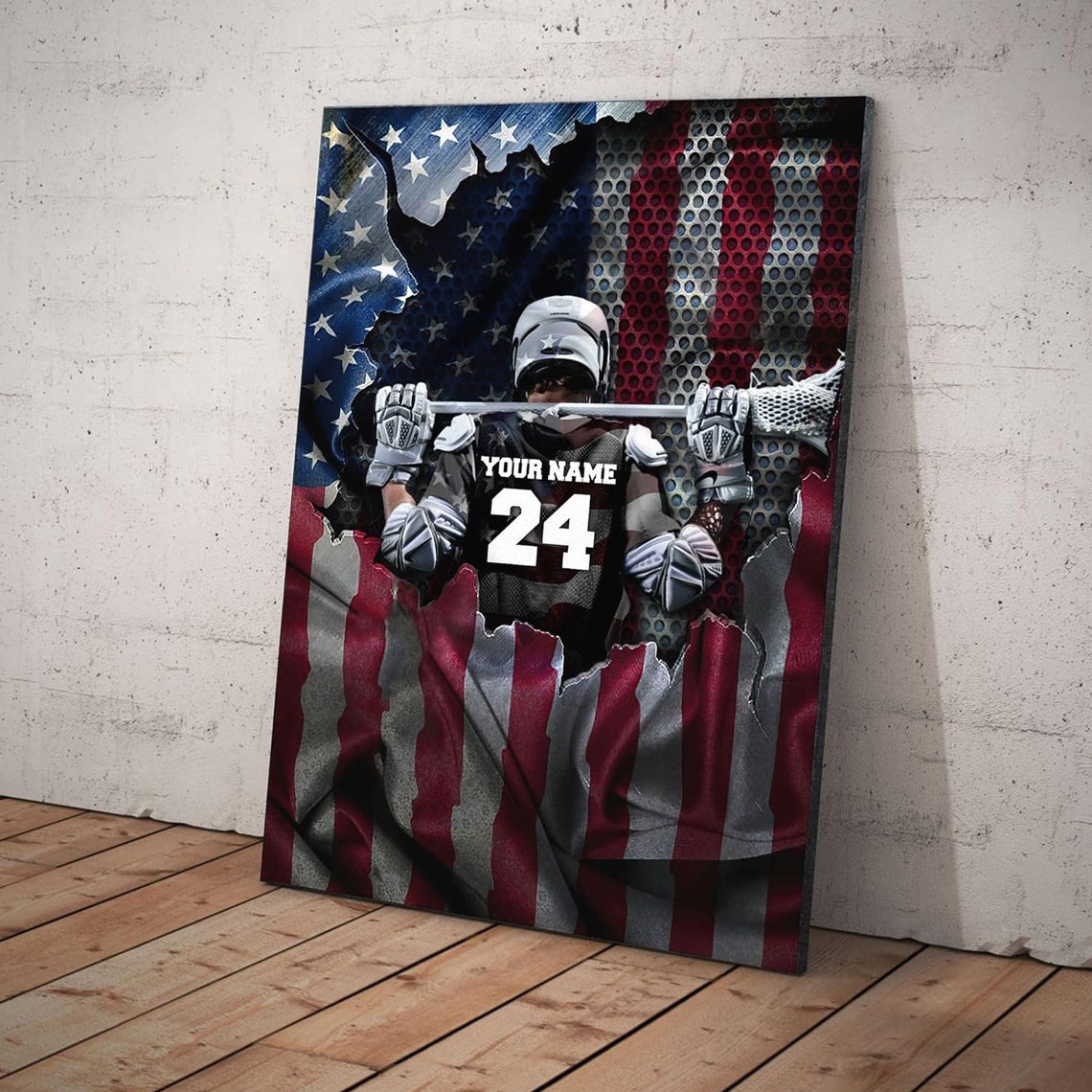 Personalized Lacrosse Poster Lacrosse Player Us Flag Wall Art Custom Name Number Home Decor For Son Boy Men - Image 3