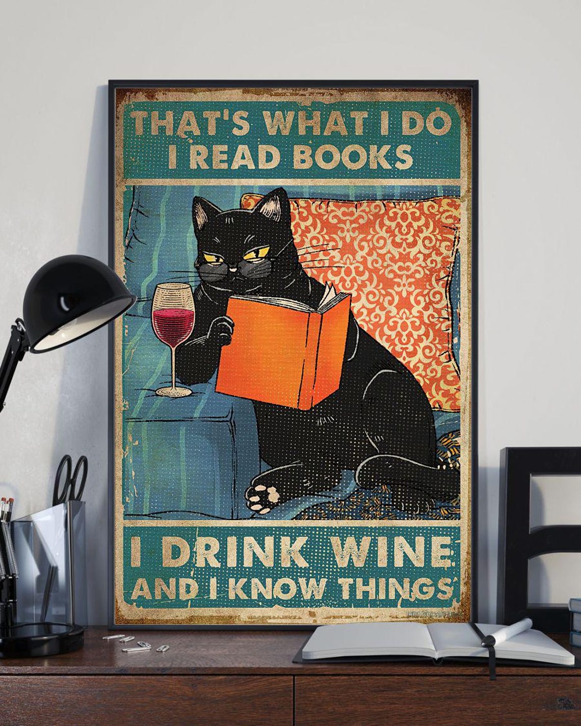 Thats What I Do I Read Books I Drink Wine Funny Black Cat Poster - Image 3
