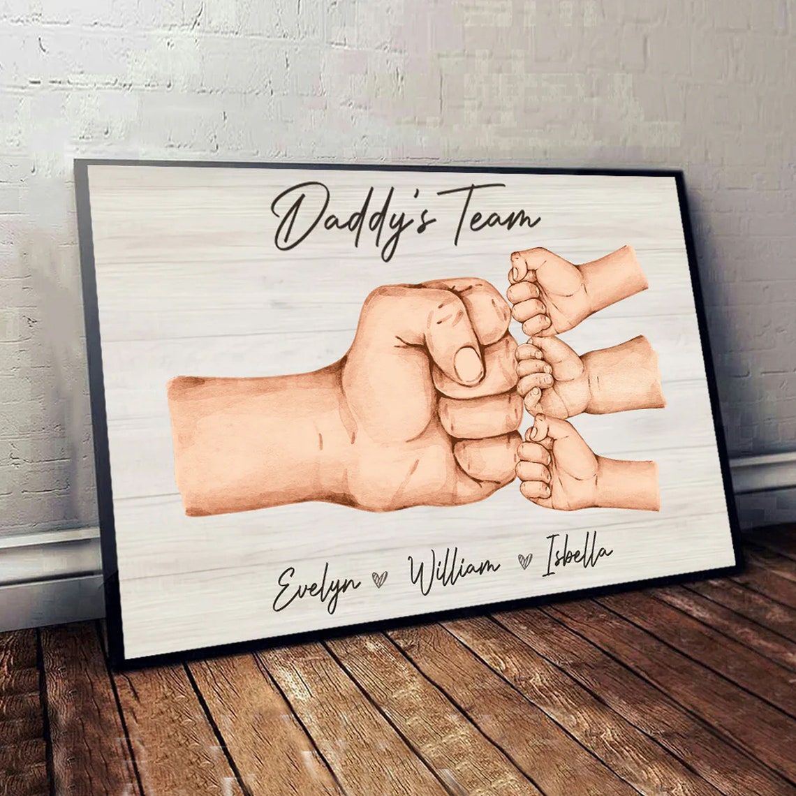 Daddy's Team Fist Bump Watercolor Personalized Kids Names Poster - Image 2