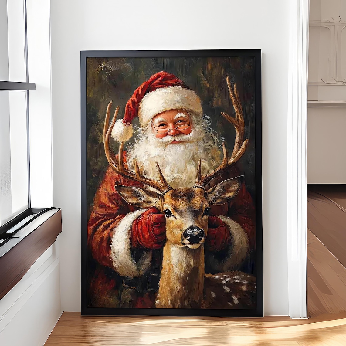 Vintage Santa Claus Hugging Reindeer Christmas Painting Poster
