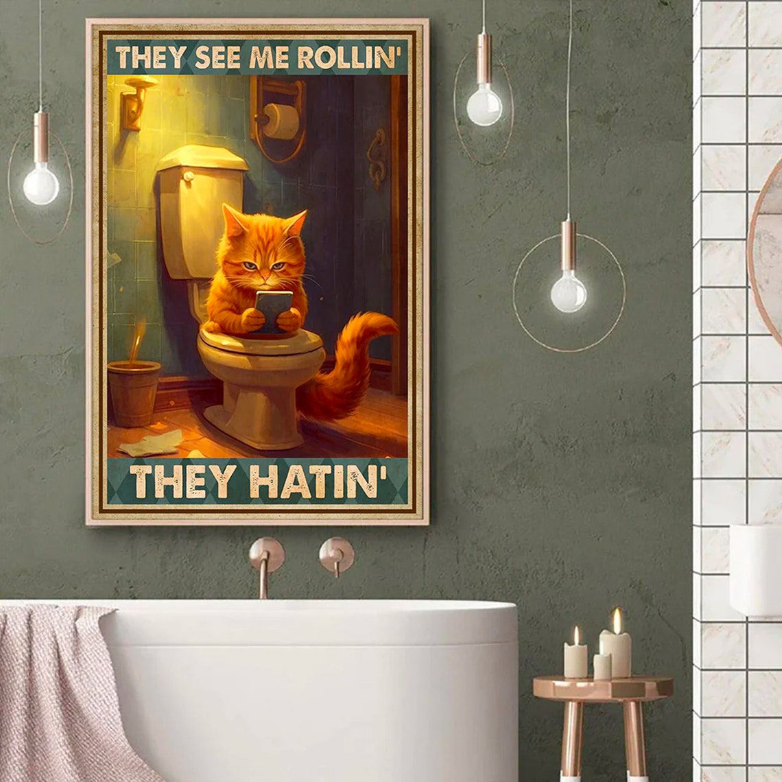 Funny Orange Cat On Toilet They See Me Rollin Bathroom Poster - Image 2