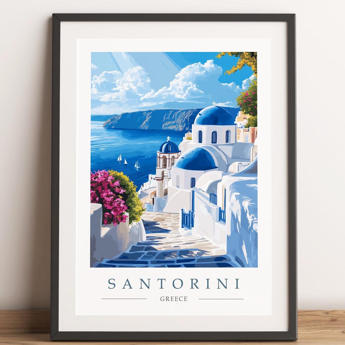 Santorini Greece Blue Domed Churches Over the Aegean Sea Poster