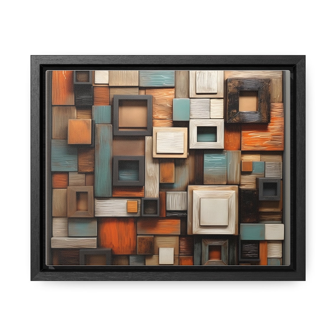 Wooden Geometric Squares Mosaic Orange Teal 3D Relief Art Poster - Image 4
