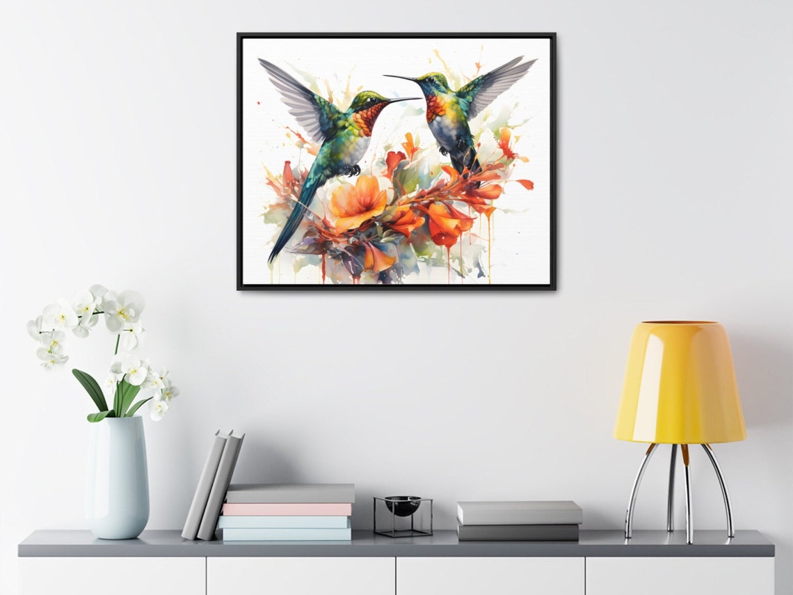 Two Hummingbirds Watercolor Orange Flowers Garden Bird Poster