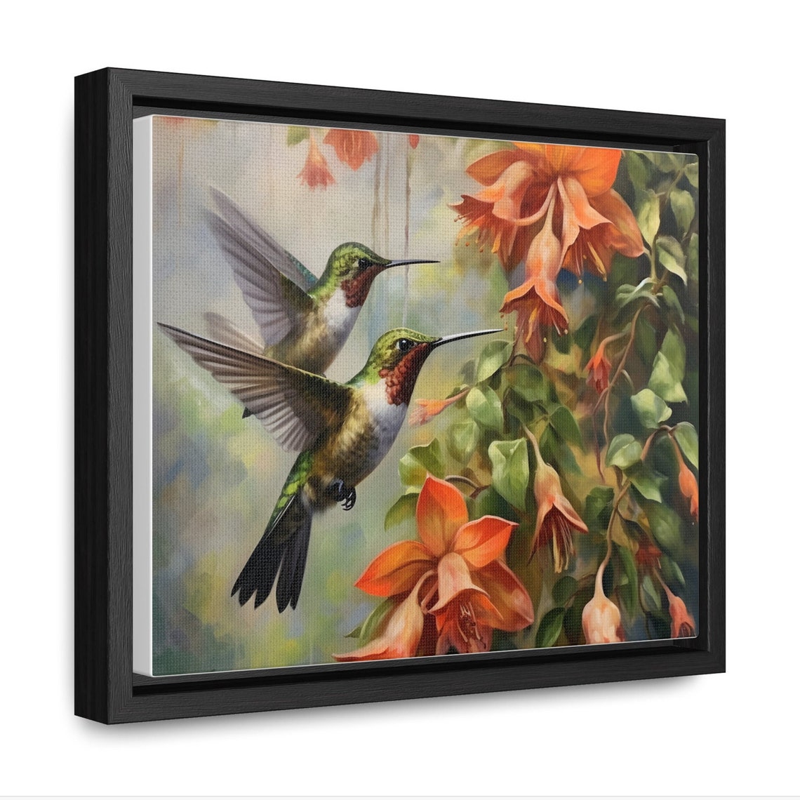 Hummingbirds Feeding Orange Trumpet Flowers Nature Art Poster - Image 2