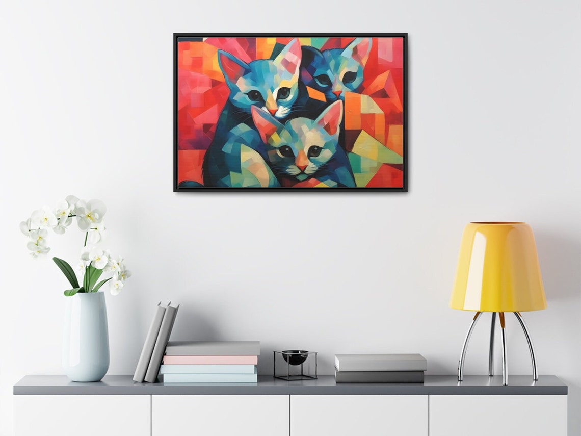 Three Colorful Kittens Huddled Together in Bold Cubist Style Wall Art - Image 3