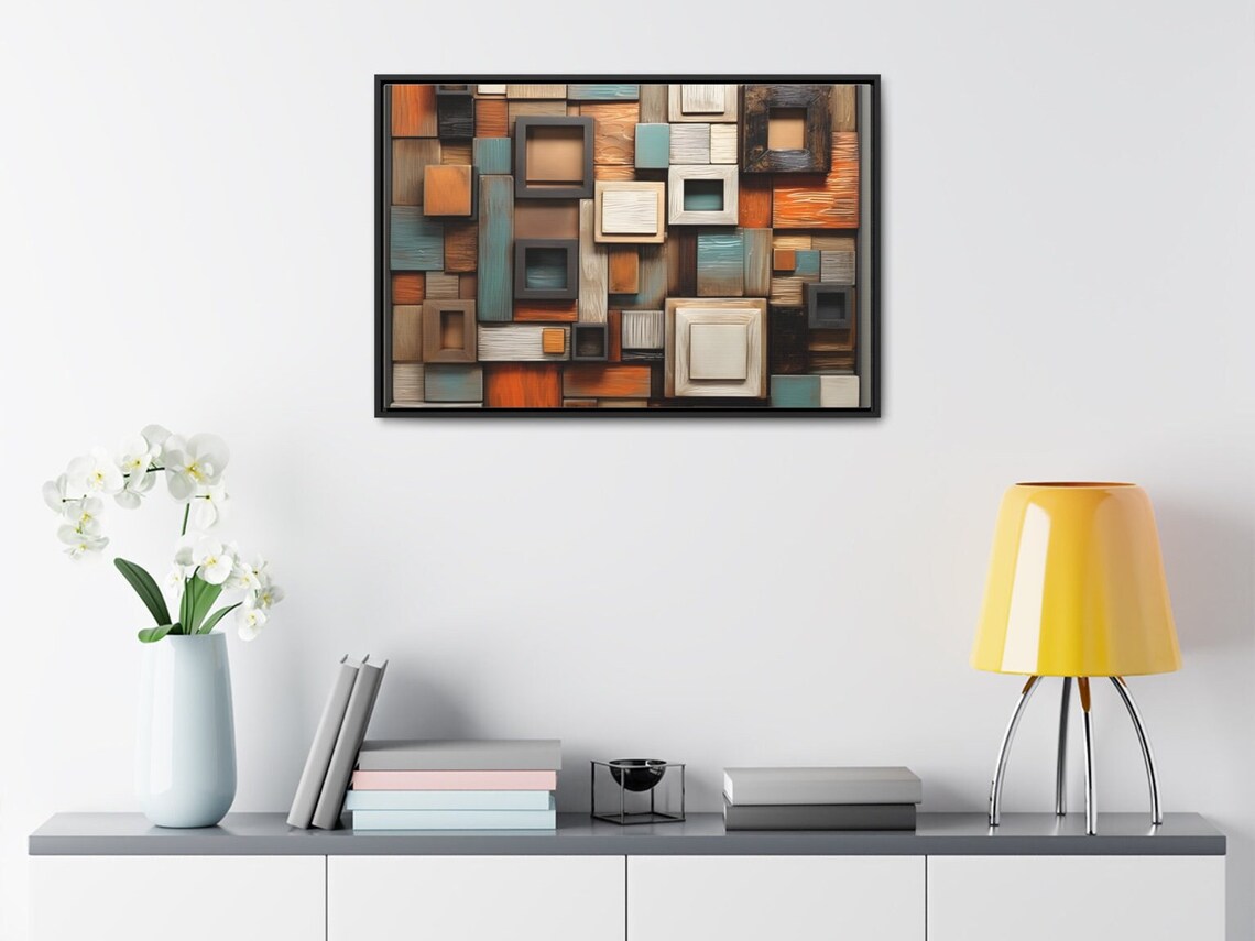 Wooden Geometric Squares Mosaic Orange Teal 3D Relief Art Poster