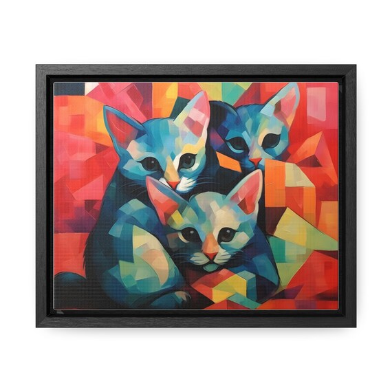 Three Colorful Kittens Huddled Together in Bold Cubist Style Wall Art