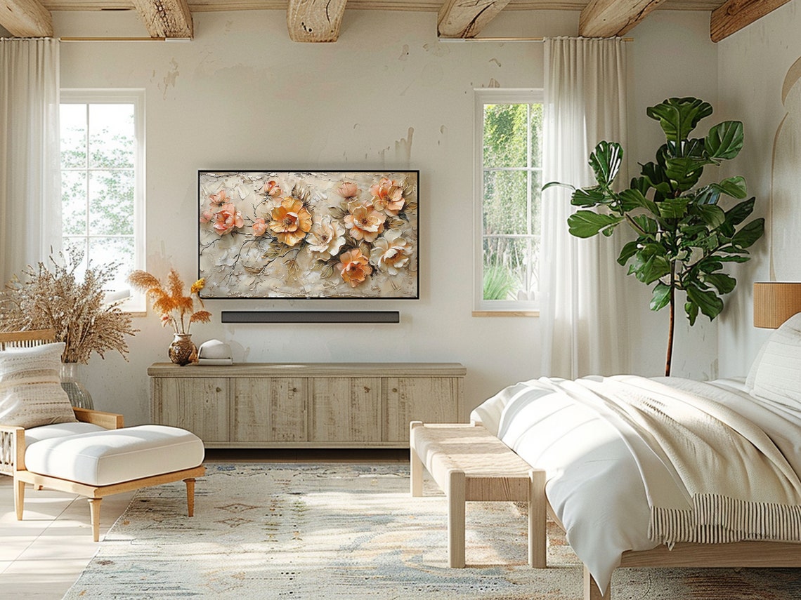Peach Peony Textured Impasto Floral Cream Beige Botanical Art Poster - Image 2