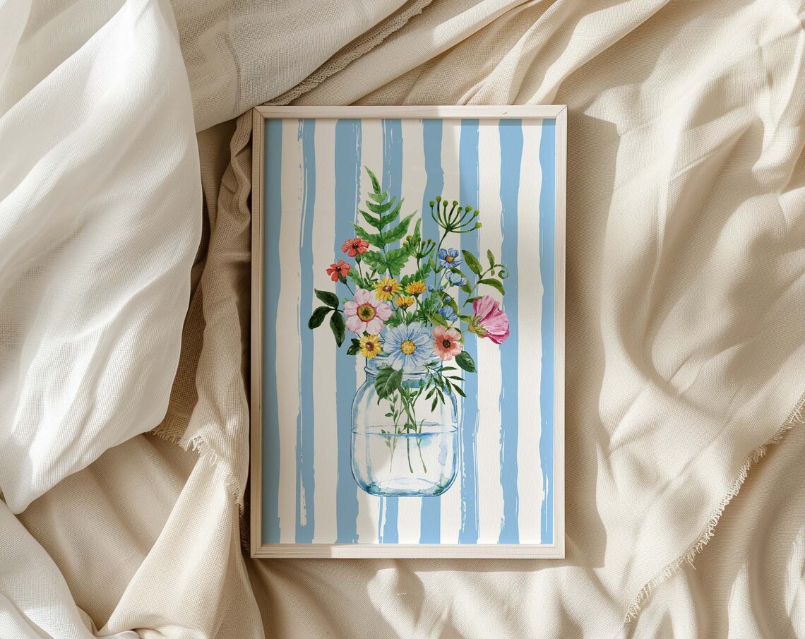 Watercolor Wildflowers Mason Jar Blue Striped Background Poster