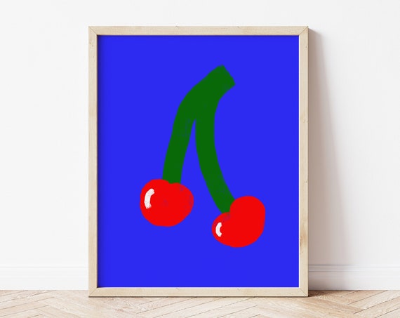 Blue Red And Green Cherry Print Statement Poster Funky Original Artwork Bold Bright Wall Art