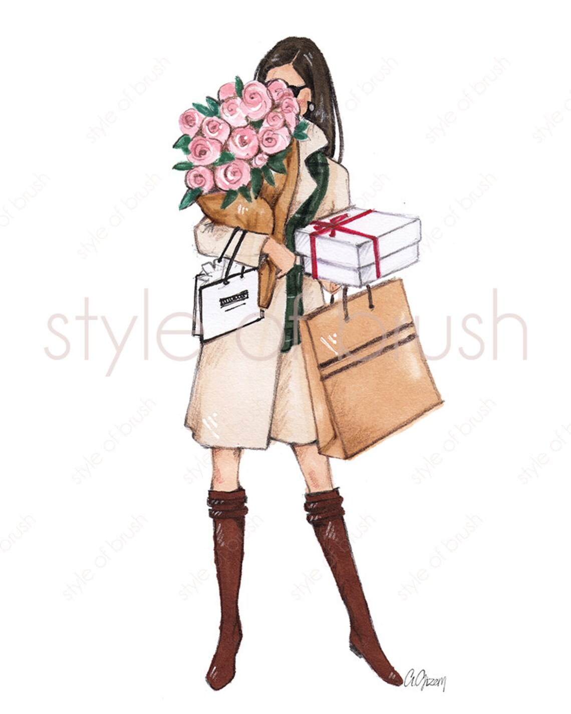 Shopping Girl with Rose Bouquet and Gift Bags Fashion Poster - Image 2